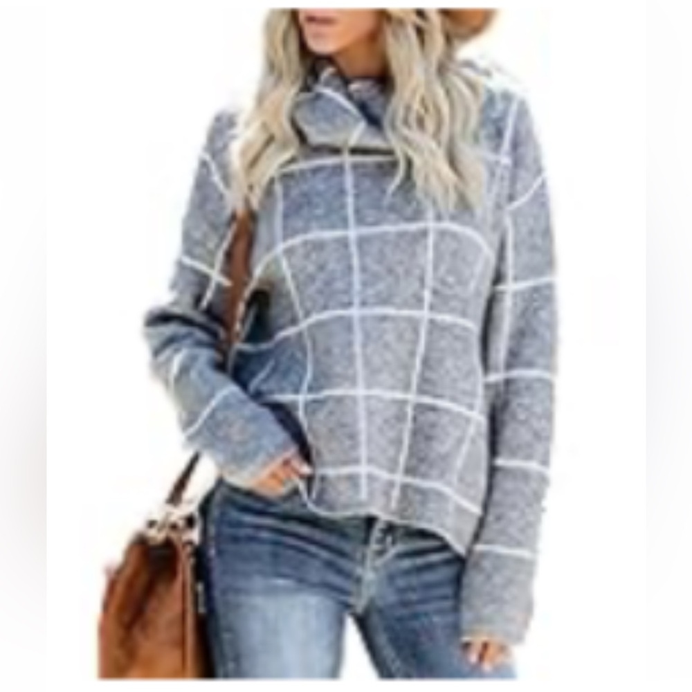 Flovey Turtleneck Grid Pattern Pullover Sweater